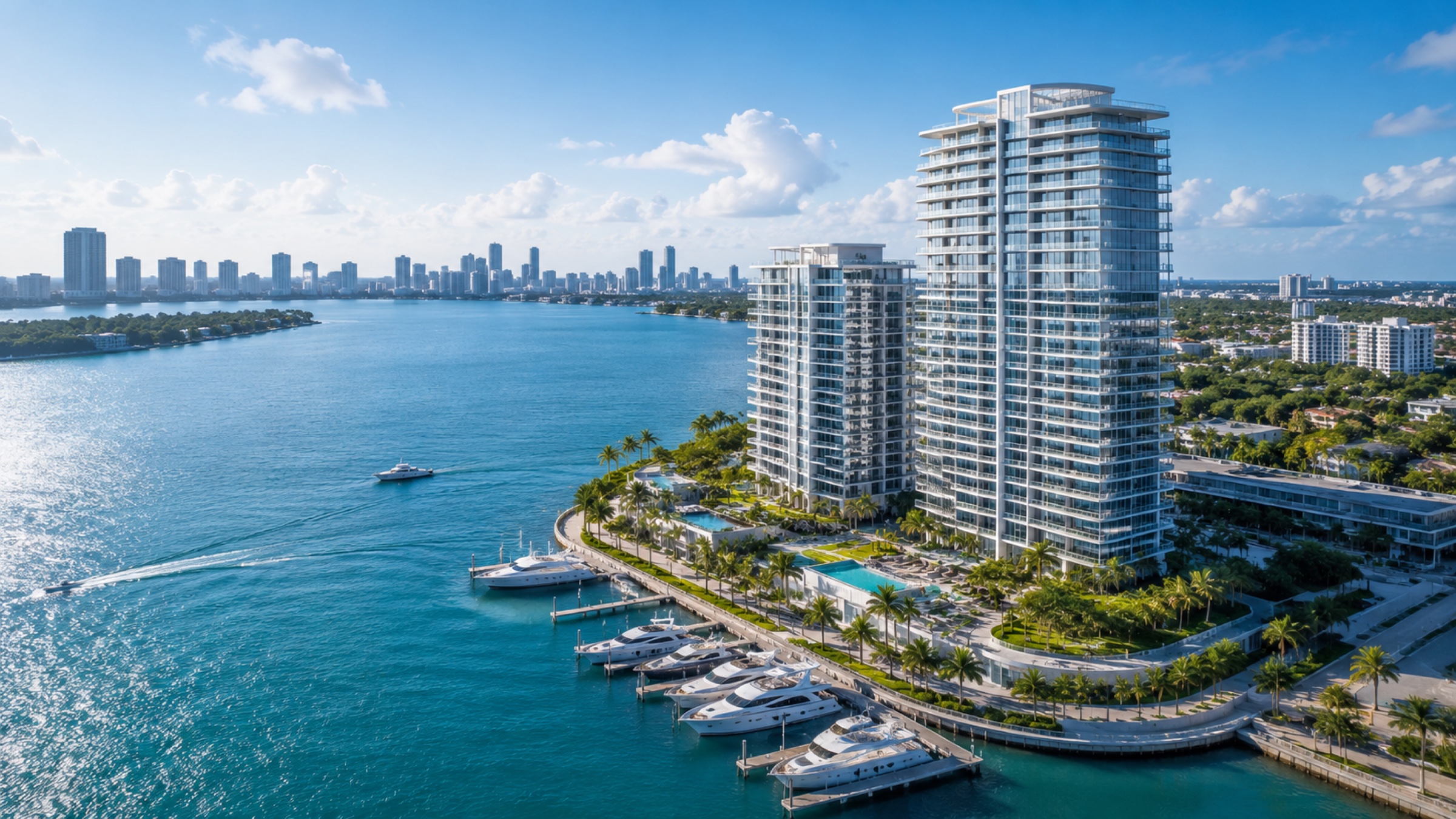 Aerial view of a Miami marina with yachts, twin glass towers, and the skyline beyond