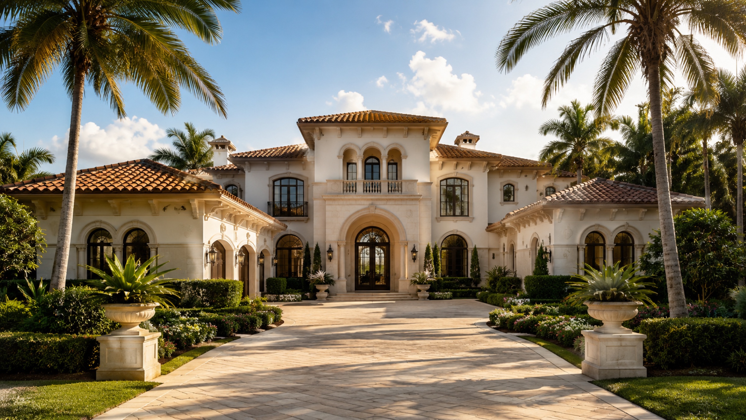 Mediterranean estate with palms lining a stone drive