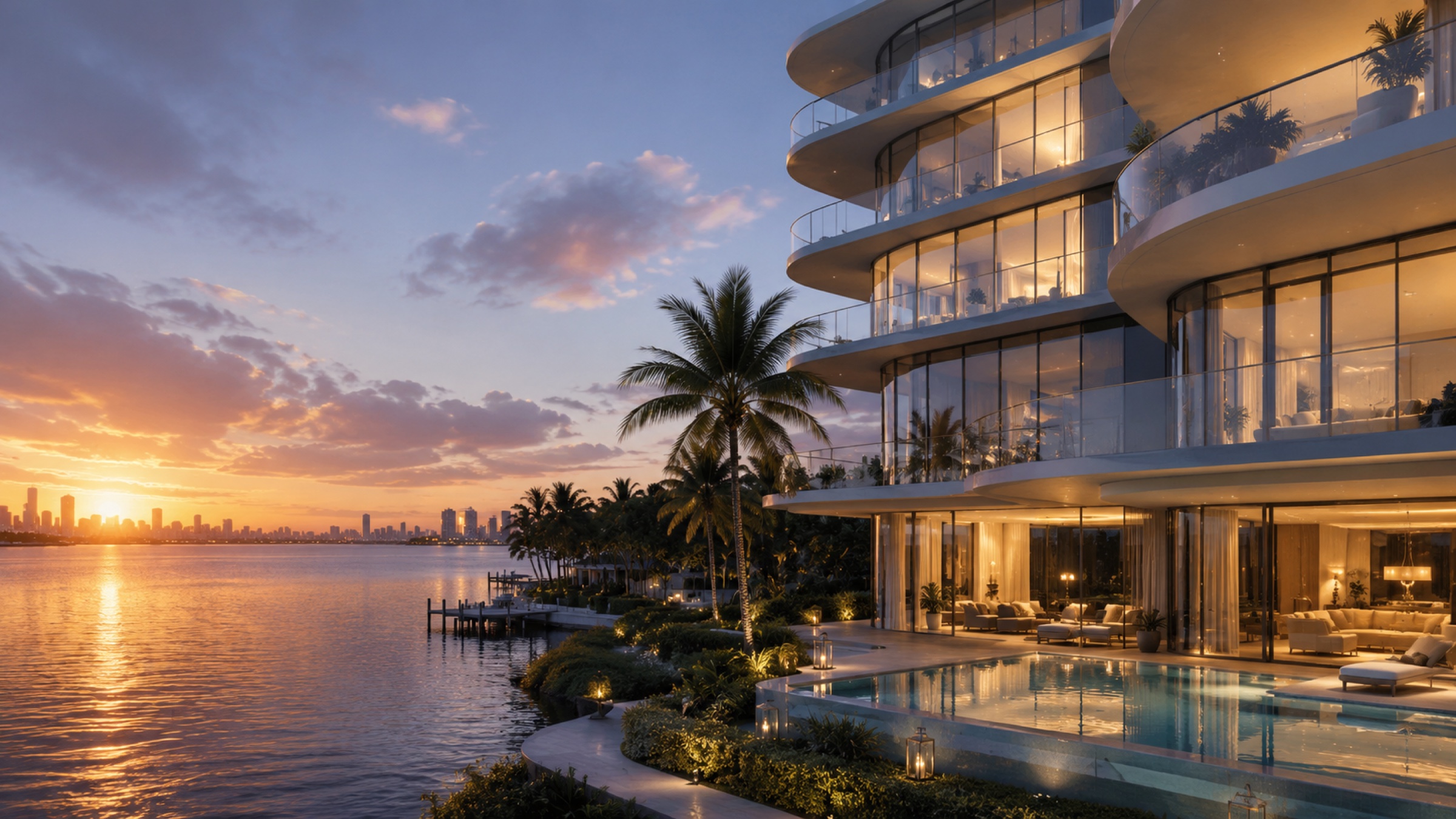 Tower with curved balconies catching sunset light over the bay