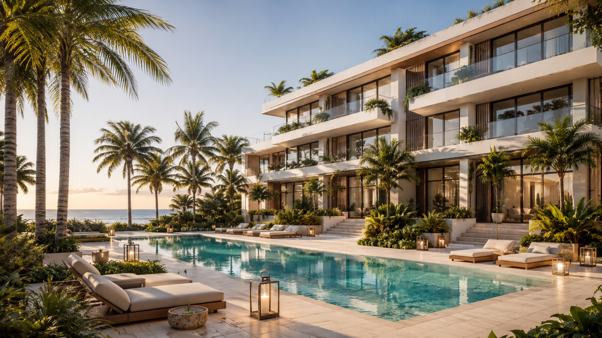 Oceanfront resort courtyard pool at golden hour