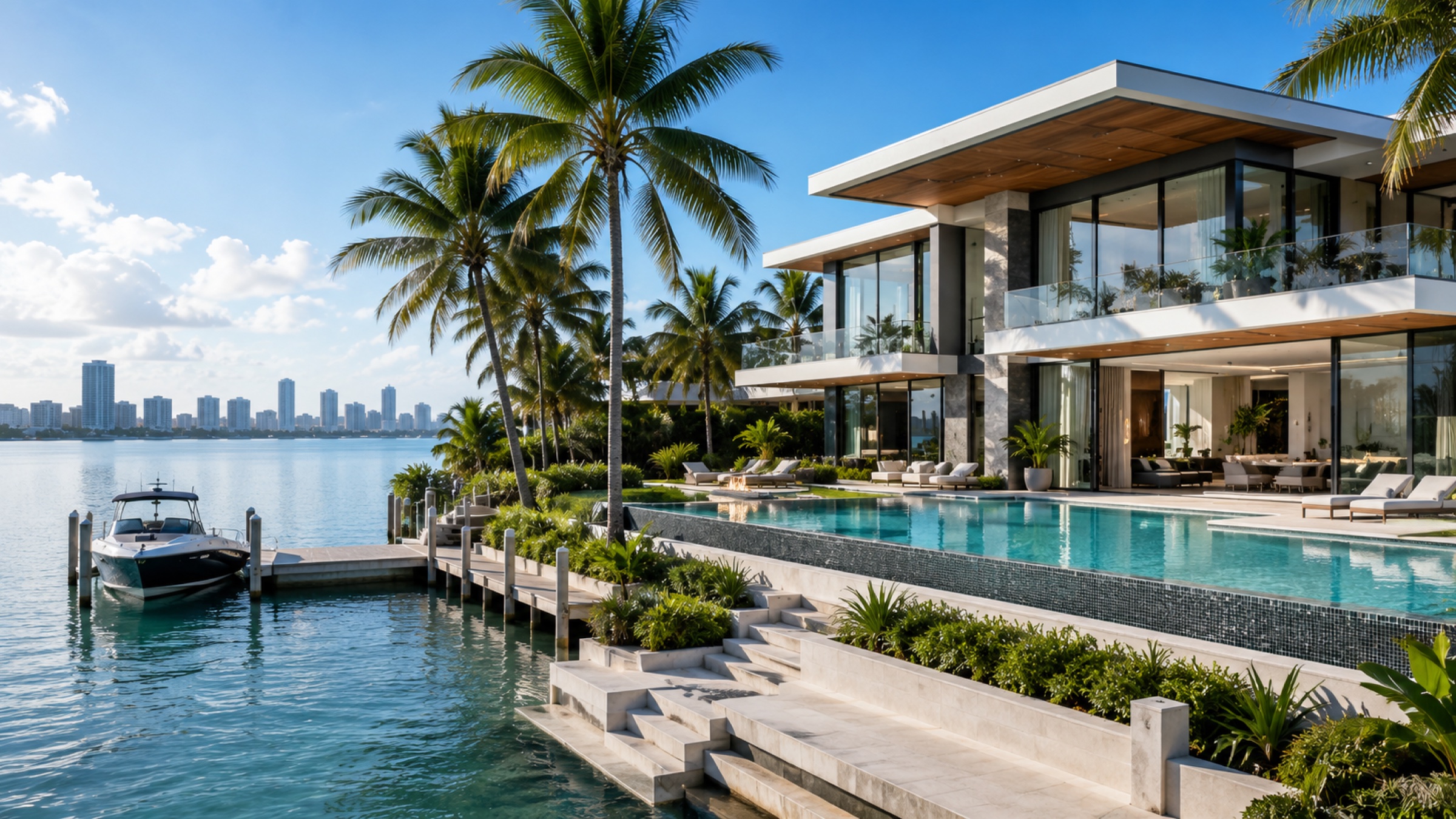 Modern flat-roof waterfront villa with a private dock and infinity pool