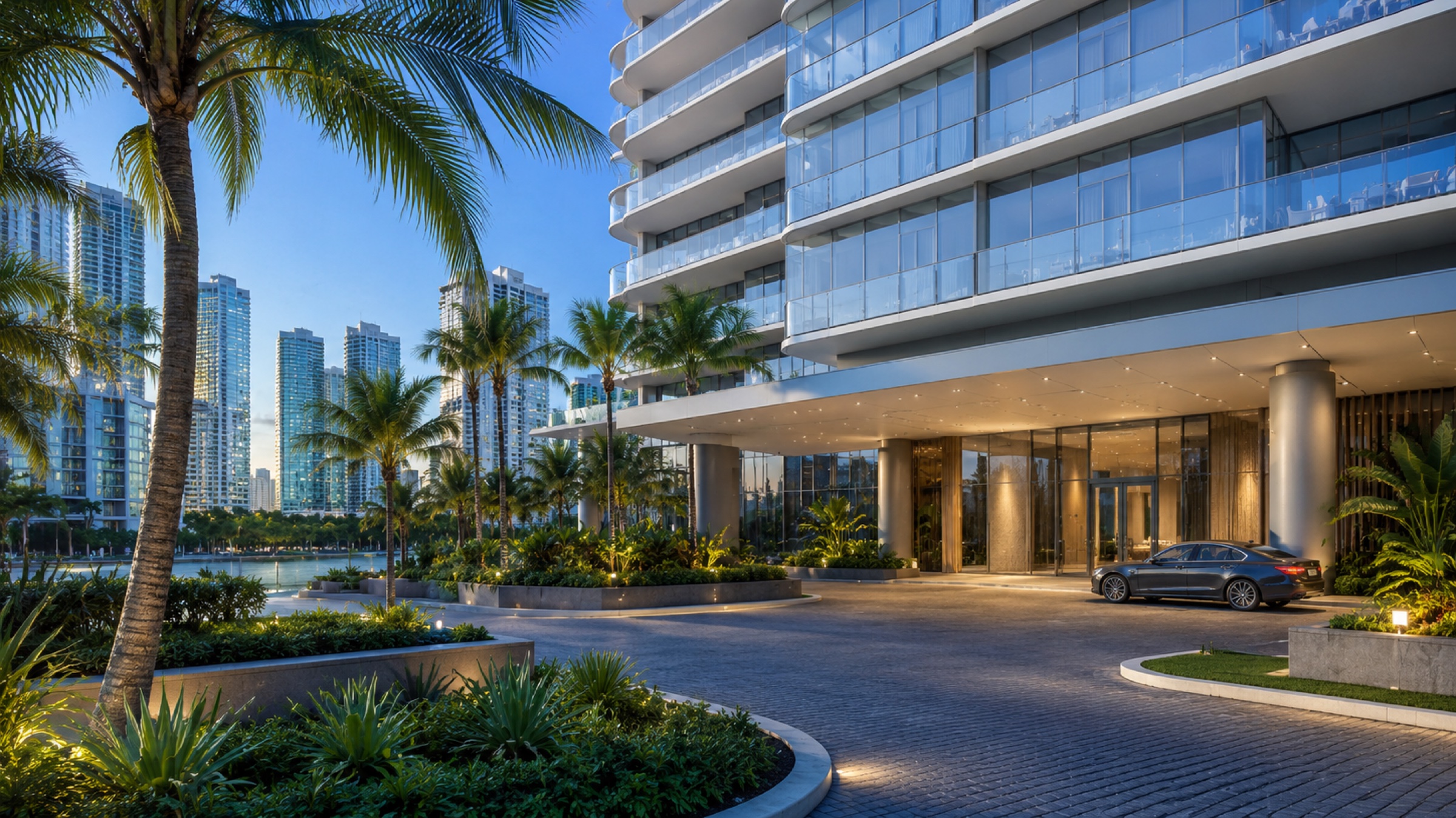 Glass tower porte-cochere lit at dusk