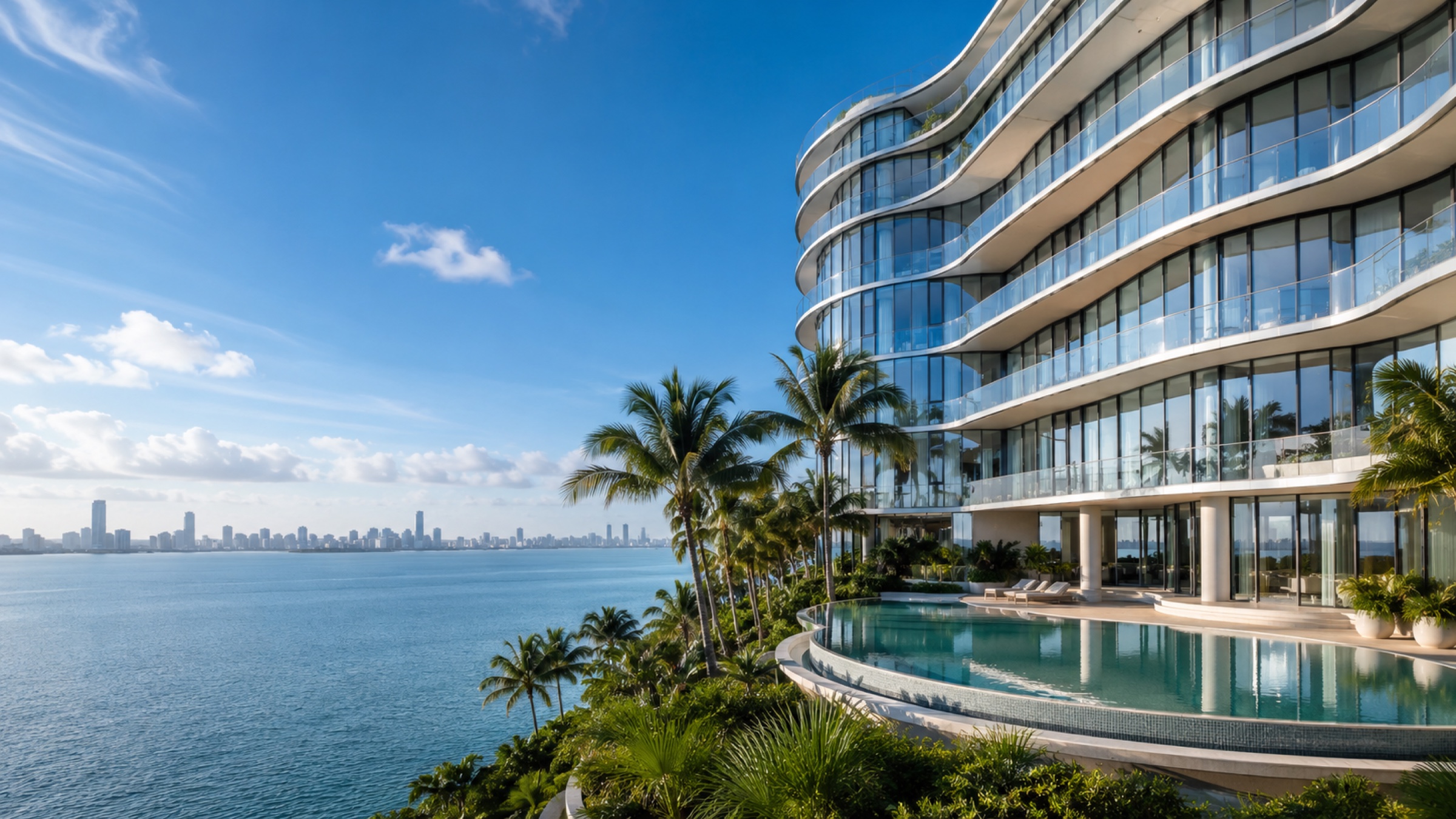 Wavy-edged glass tower rising above the bay